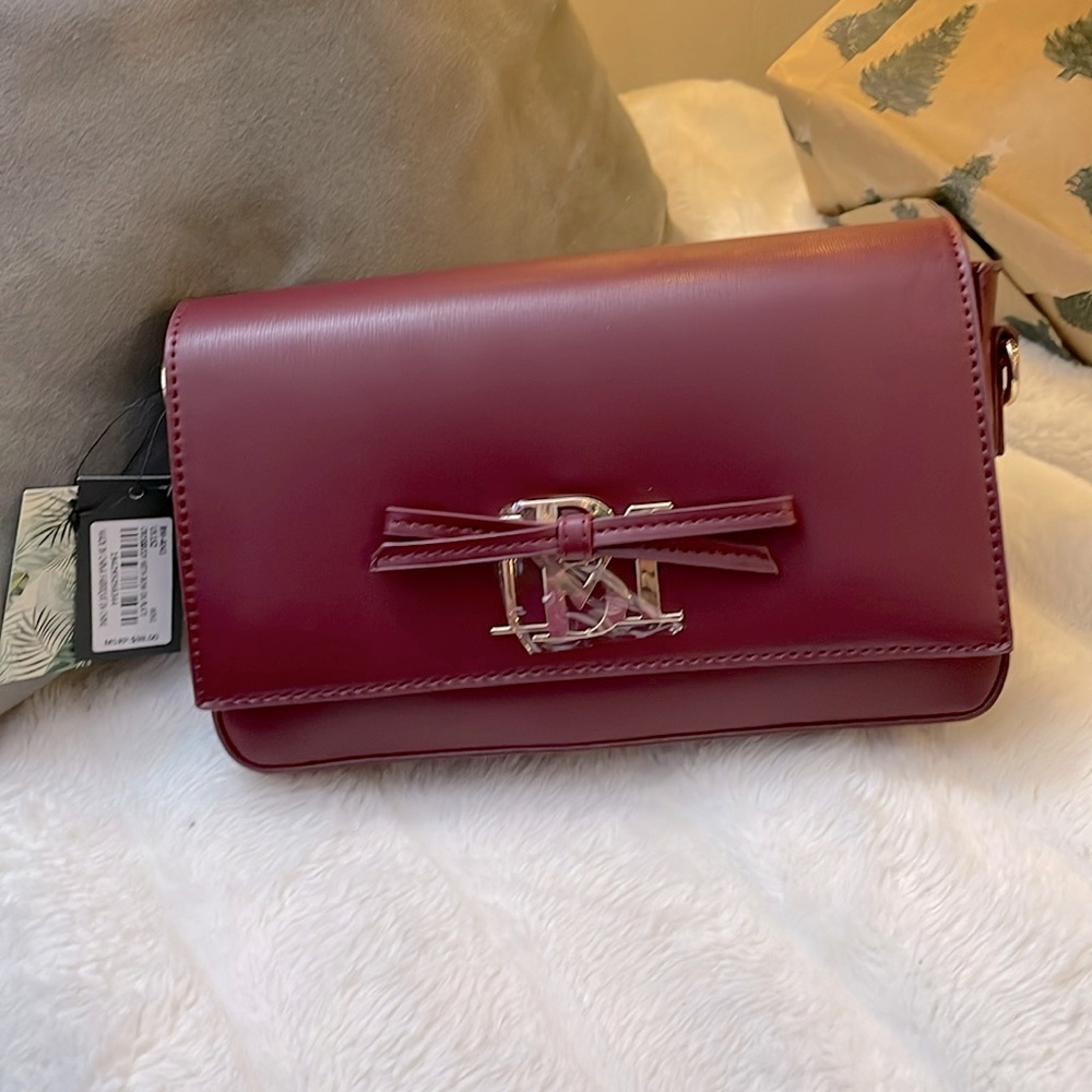 Badgley Mischka Wine Crossbody Bag with Bow and Gold Hardware Vegan Leather NWT